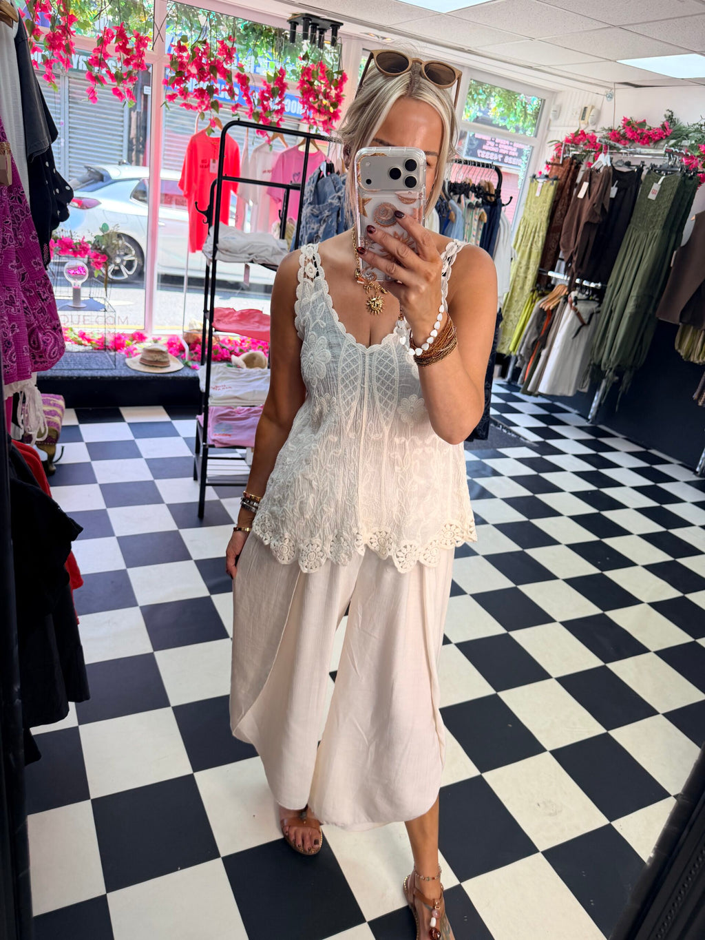 Crinkle Side Split Trouser Cream