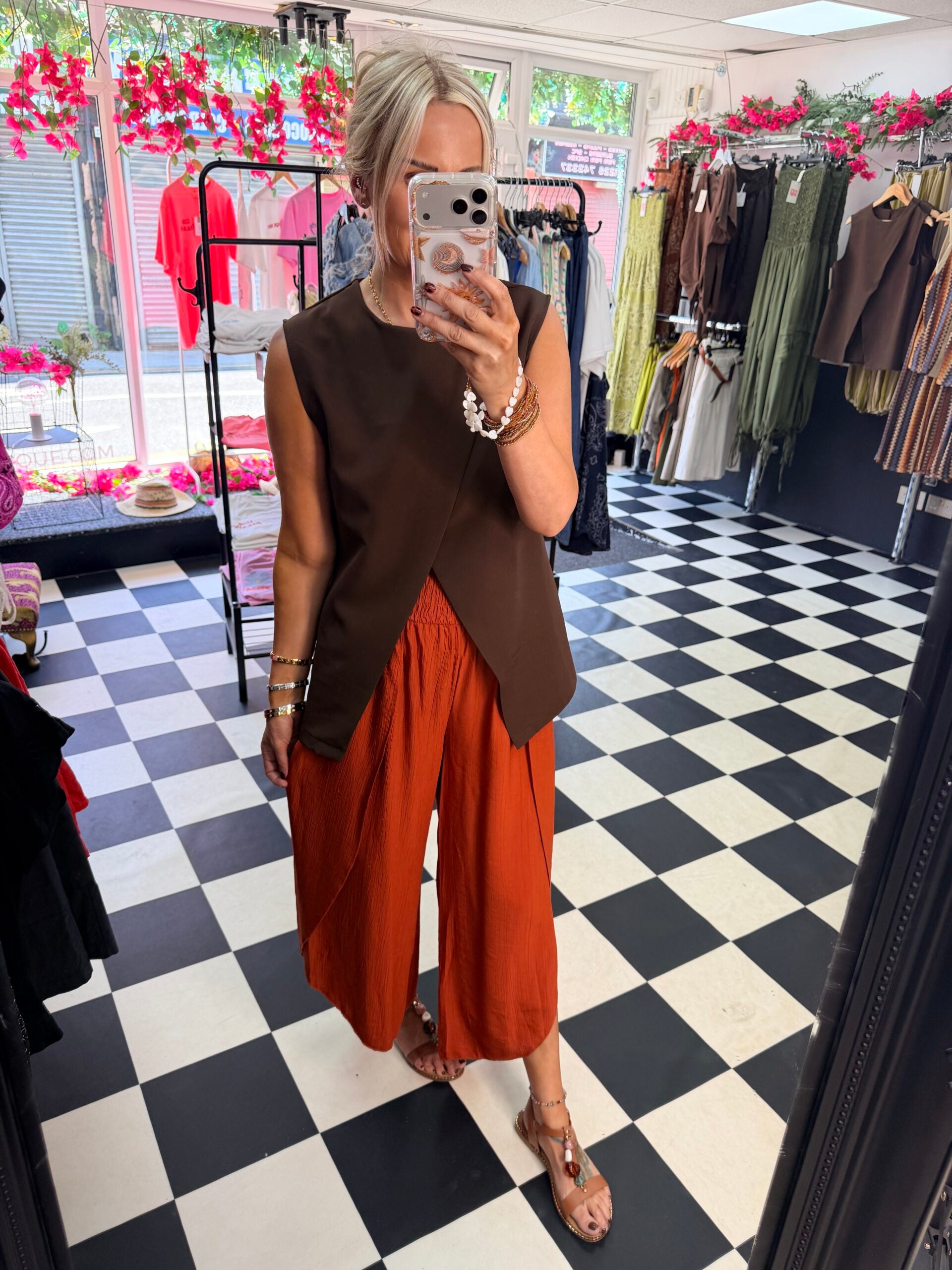 Crinkle Side Split Trouser Rust
