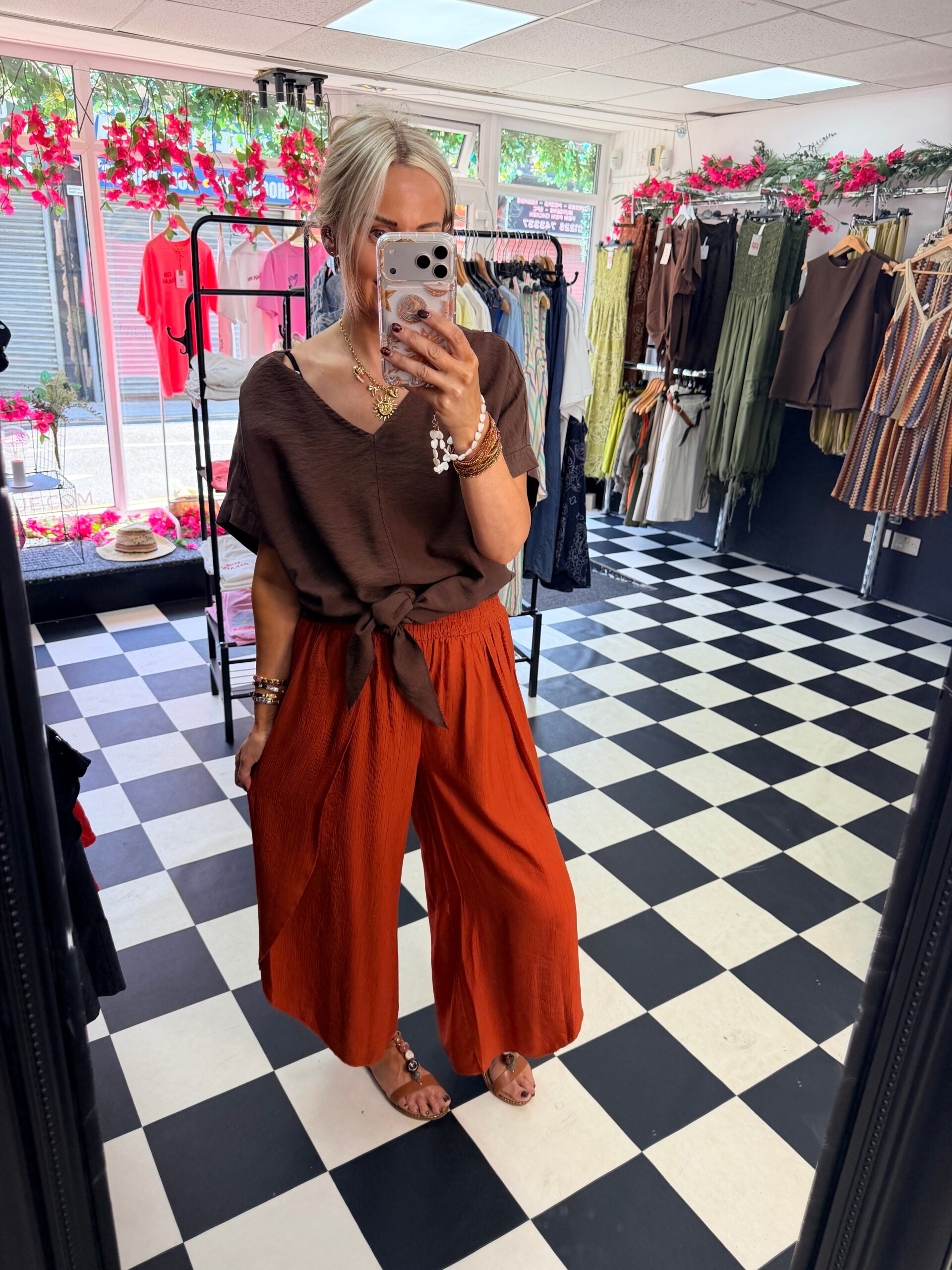 Crinkle Side Split Trouser Rust