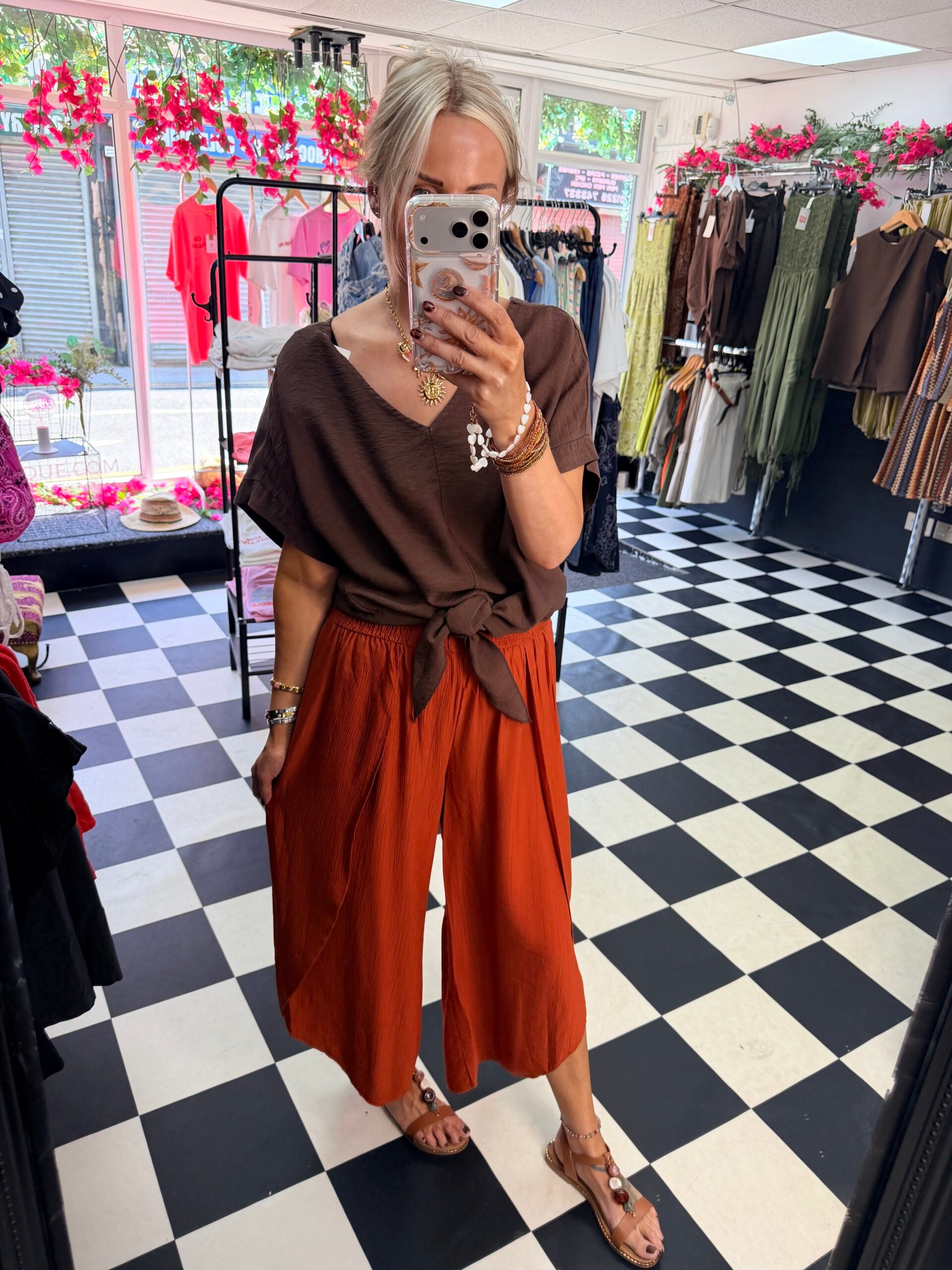 Crinkle Side Split Trouser Rust