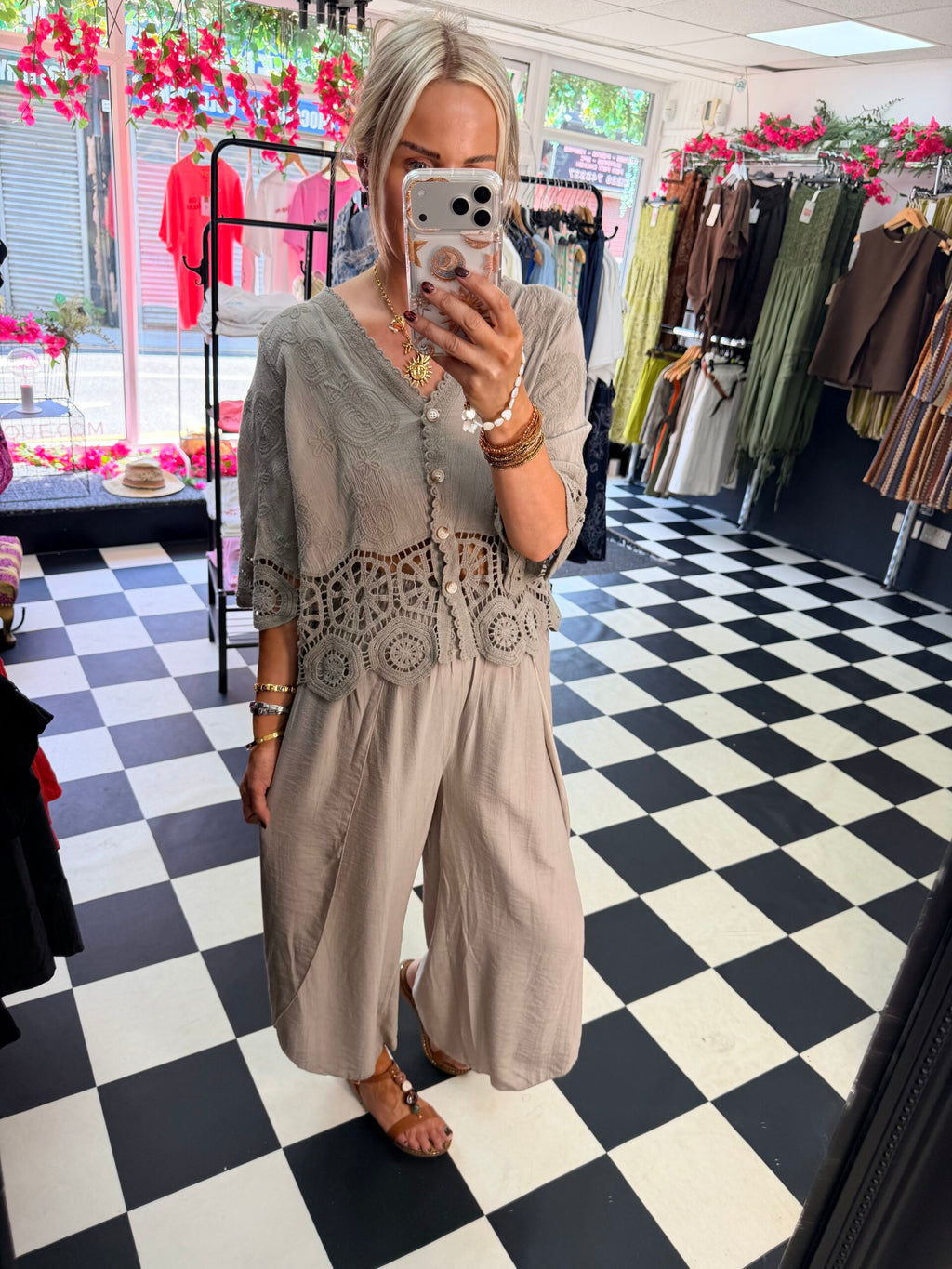 Crinkle Split Trousers Taupe