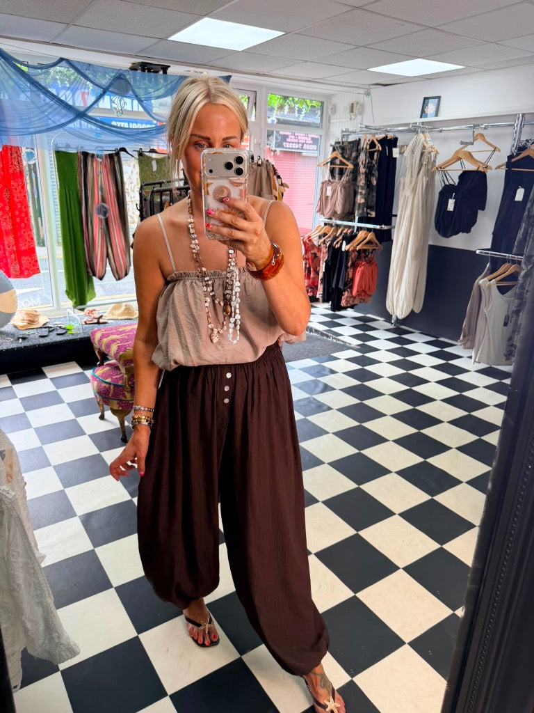 Button Balloon trousers - Chocolate Pre order Due in Monday 20th July approx