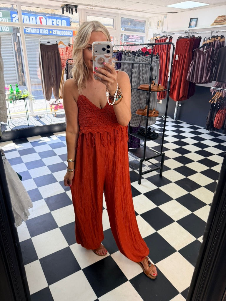 Boho Crochet Jumpsuit Rust